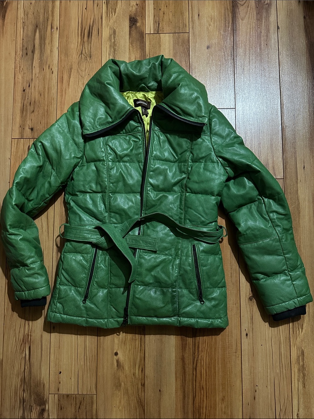 Danier Green Leather Quilted Belted Puffer Jacket